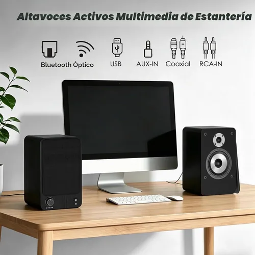 Vista 2 de LONPOO Altavoces de estantería alimentados para tocadiscos, monitores de campo cercano activos Bluetooth de 2.0 canales con tweeter de cúpula