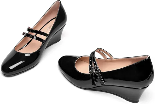 Vista 6 de Zapatos de tacón bajo con hebilla de punta redonda para mujer, con correa ajustable y correa ajustable, 2 pulgadas