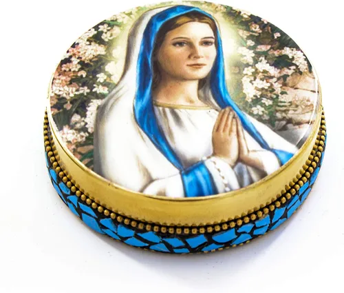 Vista 3 de Juego de rosario religioso de la Virgen María que rezaba a la Virgen María incluye caja de joyería de la Virgen en Oración caja de lata y rosario