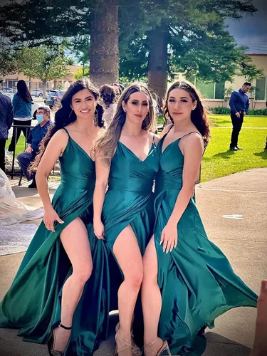 Vista 6 de Lindo Noiva Vestidos largos de dama de honor para mujer, vestidos formales de satén con tirantes delgados para baile de graduación, vestidos