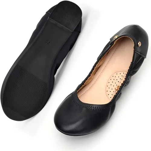 Vista 2 de KUNWFNIX Women Ballet Flats PU Leather Foldable Ladies Comfort Round Toe Slip on Flats Low Wedge Casual Dress Flat Shoes
