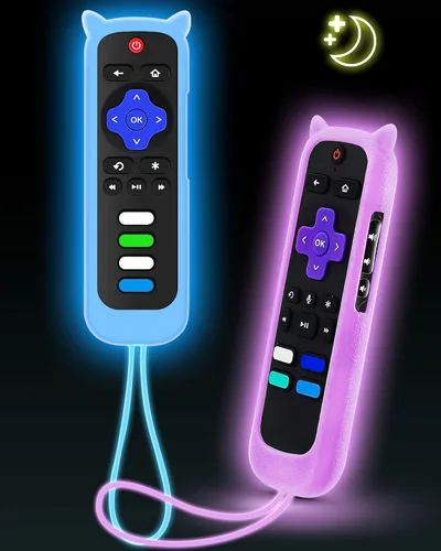 Vista 11 de ONEBOM - Juego de 2 fundas para control remoto Roku con diseño de orejas de Azul resplandor y rosa brillante
