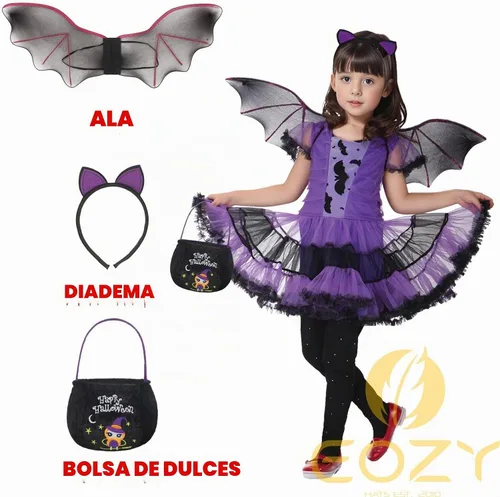 Vista 2 de Disfraz de vampiro de murciélago para niñas, ropa de Halloween para cosplay, vestido morado