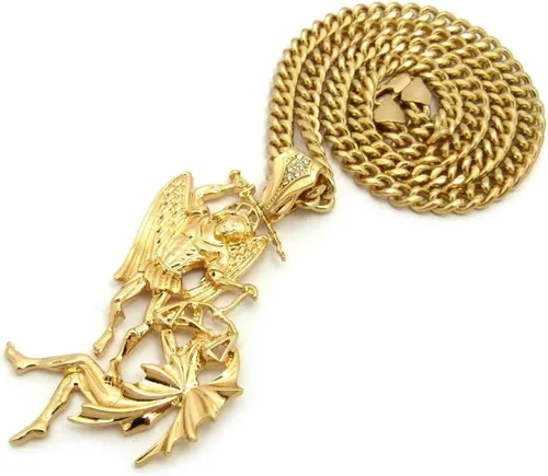 Vista 4 de Collar de cadena cubana con colgante de arco de San Miguel para hombre