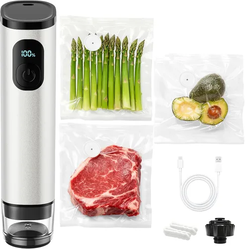 Vista 10 de Sellador al vacío de mano de metal premium, sellador al vacío para alimentos con pantalla de potencia y tanque desmontable, succión fuerte de 60 Gris