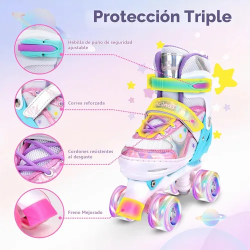 Vista 3 de Patines de ruedas para niñas y niños, 4 tamaños ajustables con ruedas iluminadas