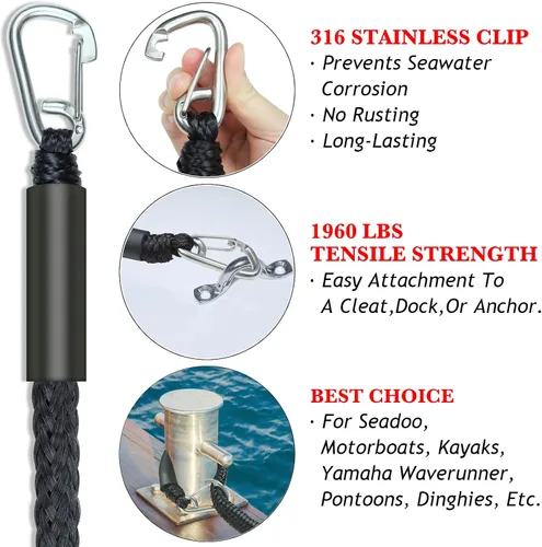Vista 4 de Líneas de defensa de 2.5 pies, 2 piezas, líneas elásticas premium para barco con clip de acero inoxidable 316 para parachoques de barco/defensa