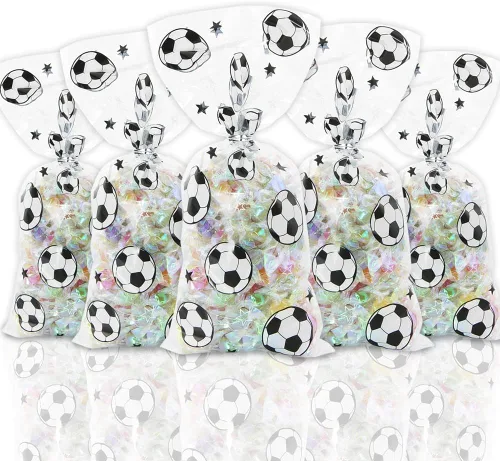 Vista 8 de Boerni 100 bolsas de aperitivos de fútbol, 4 estilos de juegos de pelota, rugby, fútbol, dulces, violonchelo, bolsas con lazos giratorios plateados