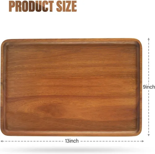 Vista 2 de 2 piezas de bandejas de madera de acacia maciza de 13 x 9 pulgadas, fuentes rectangulares de madera natural para bar, café, fiesta