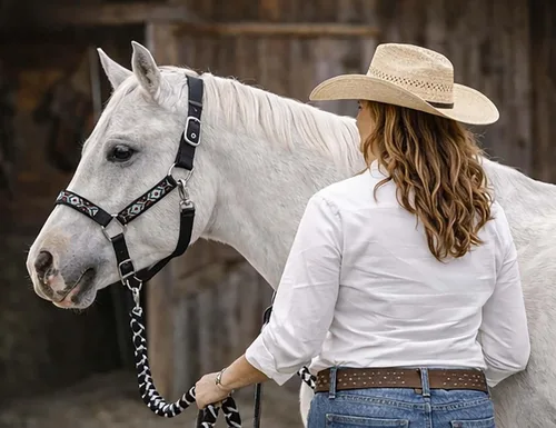 Vista 3 de CHALLENGER Nylon Horse Beaded Halter Nickle Plated Hardware w/Lead Rope Tack Blue 606175