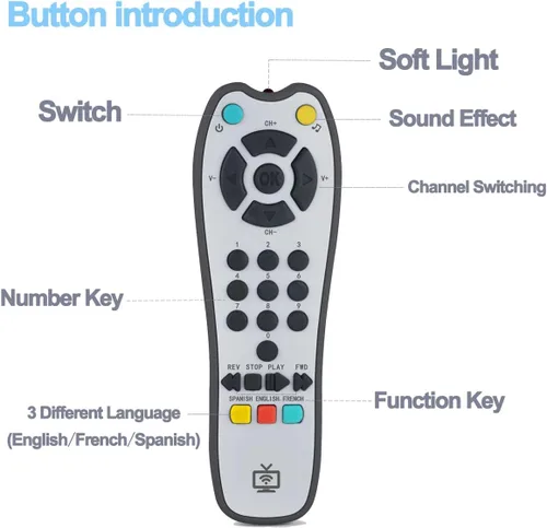 Vista 6 de Juguete de control remoto de TV musical para niños con luz y sonido suaves, volumen ajustable, educación temprana, juguete de regalo con inglés