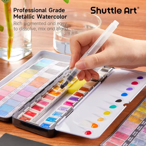 Vista 7 de Shuttle Art - Pinturas de acuarela metálicas, 24 colores de pintura de acuarela con purpurina en medias sartenes con pincel de agua, almohadilla