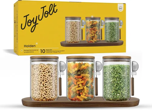 Vista 10 de JoyJolt Holden - Recipientes apilables de vidrio de 14 onzas con tapas y bandeja de madera, pequeños recipientes herméticos para alimentos, juego