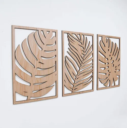 Vista 5 de Juego de 3 paneles de arte de pared de madera con hojas tropicales de Monstera, estilo bohemio, casa de campo moderna