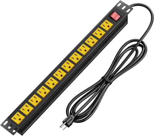 Vista 9 de BTU Protector de sobretensiones de alimentación PDU para montaje en bastidor, regleta de alimentación de 12 salidas con interruptor, montaje