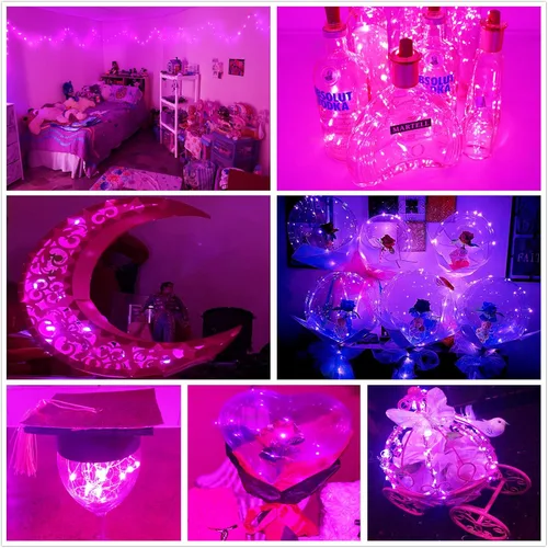 Vista 8 de Mini luces de hadas rosas, funcionan con pilas, 20 luces LED con cable plateado de 7 pies, luces de hadas para decoración de Navidad, Halloween