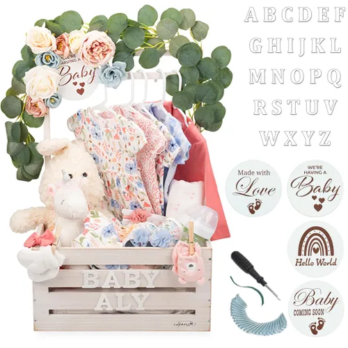 Vista 8 de Armario de madera para baby shower con parte delantera de acrílico transparente, caja de madera personalizable con sistema de doble varilla, cestas