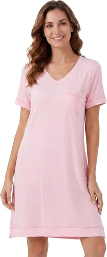 Vista 37 de WiWi - Camisón de viscosa de bambú para mujer, manga corta, con cuello en V, ropa de dormir, tallas grandes, S-4X, A-aqua