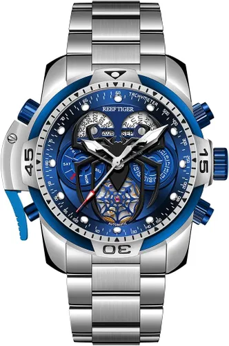 Vista 9 de REEF TIGER Diseño de moda Deporte Reloj mecánico automático Spider Dial con complicado Año Mes Calendario Relojes de pulsera de acero RGA3532SP