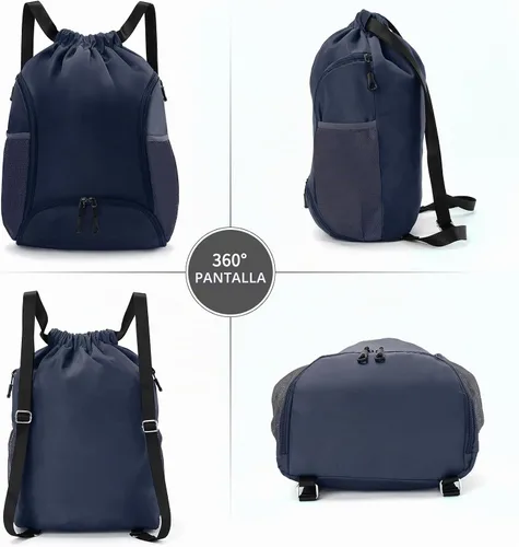 Vista 3 de Valleycomfy - Bolsa de gimnasio con cordón, mochila de baloncesto, soporte para dos botellas Azul oscuro