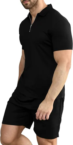 Vista 2 de YTD Conjunto de camisa polo y pantalones cortos casuales de manga corta para hombre, conjunto de dos piezas de verano con cremallera para hombre
