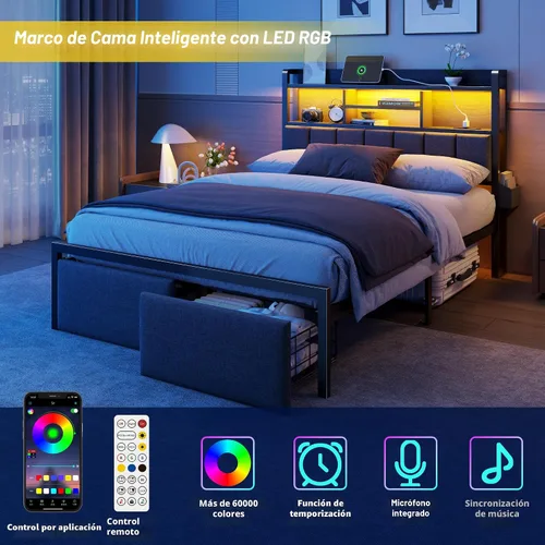 Vista 8 de Furnulem Marco de Cama Tamaño Full con Cabecera Tapizada, Marco de Cama Full con Cajones de Almacenamiento, Estación de Carga y Luces LED