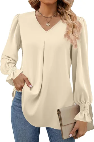 Vista 30 de Funlingo Blusas de mujer con mangas largas 2025, elegantes y casuales, con cuello en V, túnica suelta de gasa para el trabajo