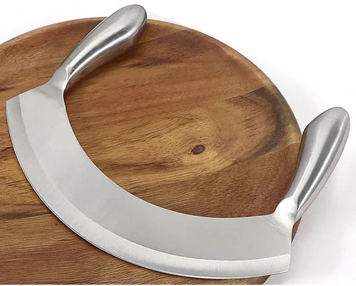 Vista 2 de Cuchillo Mezzaluna de 8.7 pulgadas con tabla de cortar de madera, cortador de ensalada de acero inoxidable, cortador de pizza, cuchillo basculante