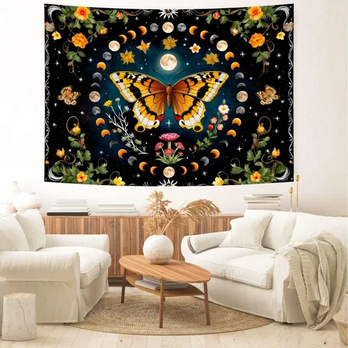 Vista 5 de Delur Tapiz de mariposa y luna, flores, botánico, floral, bohemio, tapiz para colgar en la pared, mandala estético, hongo, retro, vintage, cabecero