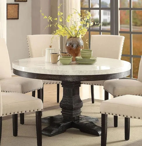 Vista 2 de Juego de muebles de cocina con tapa de mármol blanco juego de mesa de comedor de madera (mesa redonda+6 sillas)
