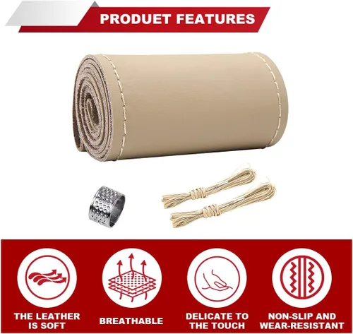 Vista 3 de ZIMISI Funda para Volante de Cuero Genuino, Envoltura de Costura Antideslizante y Transpirable para Coche, Costura DIY con Hilo y Aguja, Funda