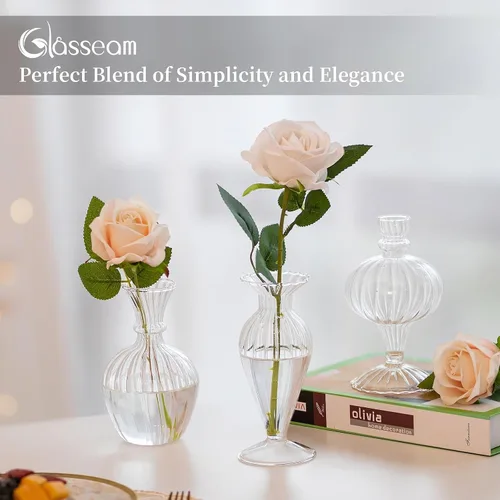 Vista 6 de Jarrones pequeños de cristal Glasseam: 3 piezas de jarrón transparente acanalado para flores individuales Hecho a mano, moderno, bonitos centros