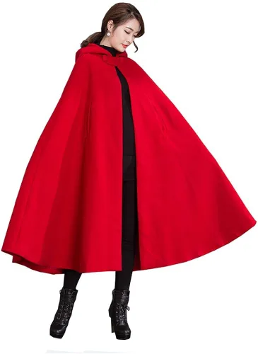Vista 2 de Yimidear Capa de invierno para mujer, capa roja cálida con capucha de mezcla de lana, chaqueta de poncho