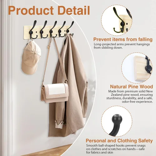 Vista 4 de Perchero de madera resistente para pared, paquete de 2 perchas de pared con 5 ganchos triples para ropa, chaqueta, sombrero, llaves, organizador