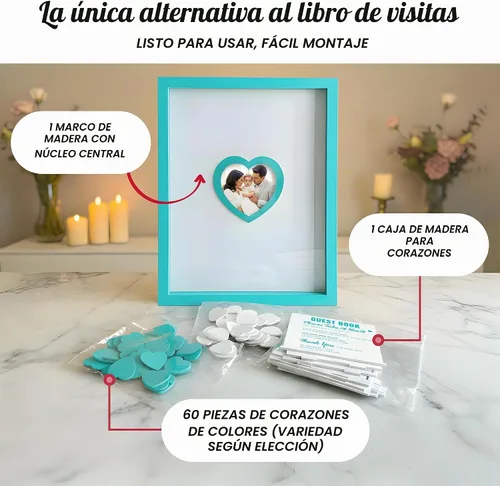 Vista 4 de Libro de invitados de boda azul alternativo para recepción con corazones de madera, un marco, decoración de libros, recuerdos para boda, ideas