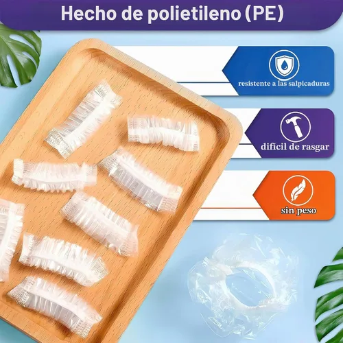 Vista 3 de 100 fundas desechables para los oídos para la ducha, tapas de plástico Cubiertas para los oídos para tinte para el cabello y color de salón, borde