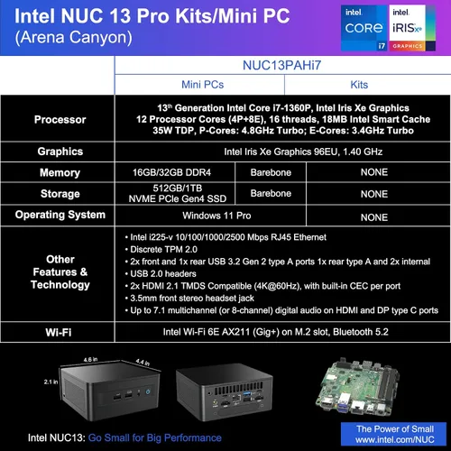 Vista 3 de Intel NUC 13 Pro, NUC13ANHi7 Home & Business Desktop Mini PC Barebone, procesador Core i7-1360P (12 núcleos y 5.0 GHz), gráficos Intel Iris Xe, 16