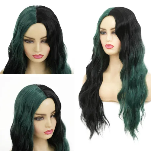 Vista 2 de Swiking Pelucas largas de color verde y negro para mujer, pelucas de cabello ondulado natural ombré verde sintético de fibra suave para fiesta