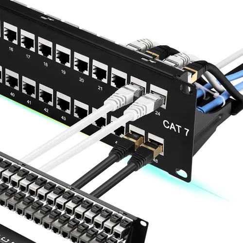 Vista 8 de Rapink Panel de conexiones de 24 puertos Cat7 con soporte Keystone 10G en línea, panel de conexión acoplador blindado STP de 19 pulgadas con barra