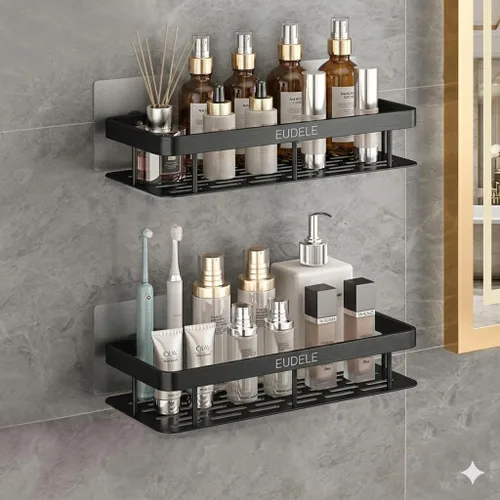 Vista 4 de EUDELE Aluminium Pack of 2, Self Adhesive Bathroom Shelf for Wall Shelf Organizer Wall Mounted Bathroom Shelves Rack Holder Stand for Bathroom
