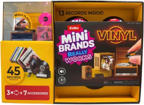 Vista 3 de ZURU Mini Brands Really Works - Juego de vinilo Mega Bundle, incluye reproductor de discos recargable y 3 cápsulas misteriosas, 13 mini discos