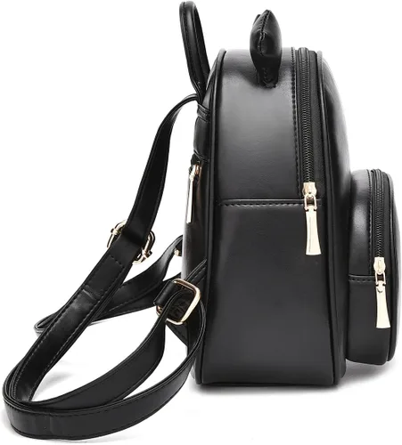 Vista 5 de Bonita mochila para adolescentes, niñas, mujeres, tamaño pequeño, bolso de hombro de piel sintética, casual, mini mochilas bolsa de viaje, Negro