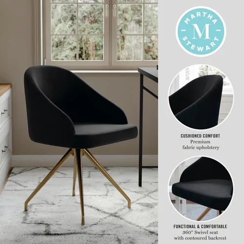 Vista 4 de Martha Stewart Sora Silla de Trabajo Giratoria Fija con Brazos Inclinados para Oficina en Casa en Terciopelo Negro con Marco de Latón Pulido