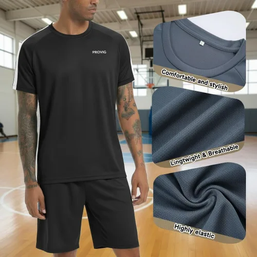 Vista 5 de RPOVIG Conjunto de entrenamiento de camisas, pantalones cortos paquete de 3 unidades de ropa para hombre, conjunto corto, gimnasio, atletismo