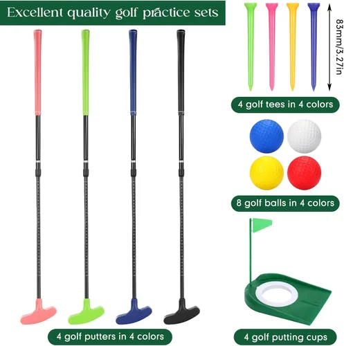 Vista 2 de MiniInflat Juego de 4 mini putters de golf con 8 bolas, 4 copas de golf y bandera, camisetas, putter de longitud ajustable de dos vías para golfista