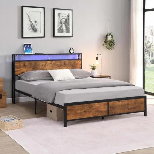 Vista 3 de Marco de cama industrial de tamaño completo con luces LED, 2 puertos USB, almacenamiento de 2 niveles, marrón rústico