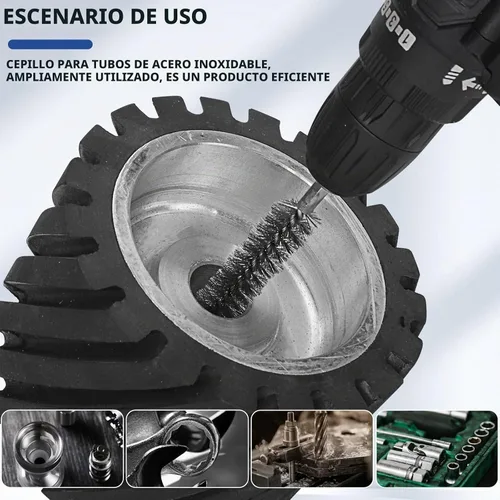 Vista 6 de 6 piezas cepillos de calibre de acero inoxidable en diferentes tamaños, cepillo de limpieza de alambre trenzado con mango, vástago hexagonal de 1/4