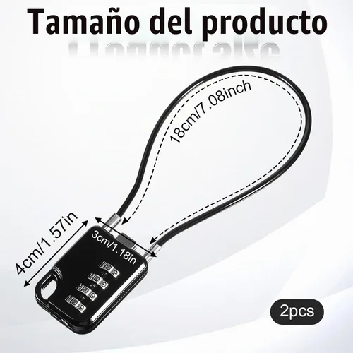 Vista 2 de 2 candados de combinación de 4 dígitos de diseño compacto reiniciables con cable de 7 pulgadas de largo, cables de acero inoxidable duraderos