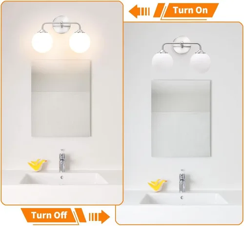 Vista 5 de Luces modernas de tocador de baño de níquel cepillado de 2 luces, accesorios de iluminación de baño sobre espejo con pantalla de globo de vidrio