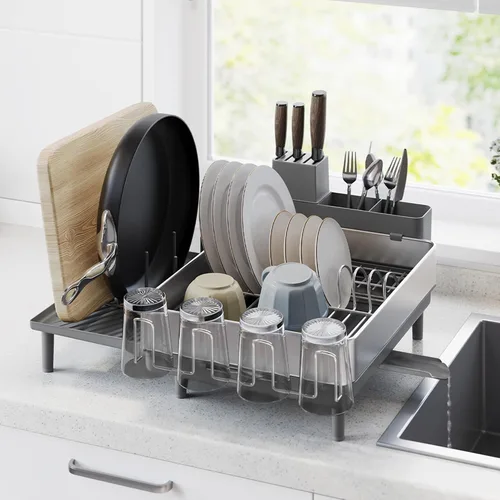 Vista 10 de SONGMICS Escurridor de platos, acero inoxidable, boquilla extensible Plata + Negro